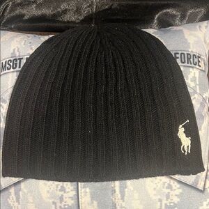 Ralph Lauren Black Ribbed Knit Hat with medium Polo Pony